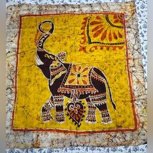 Vintage Batik Elephant Silk Scarf ~34”x34” Wonder Loom India Boho Textile Decor